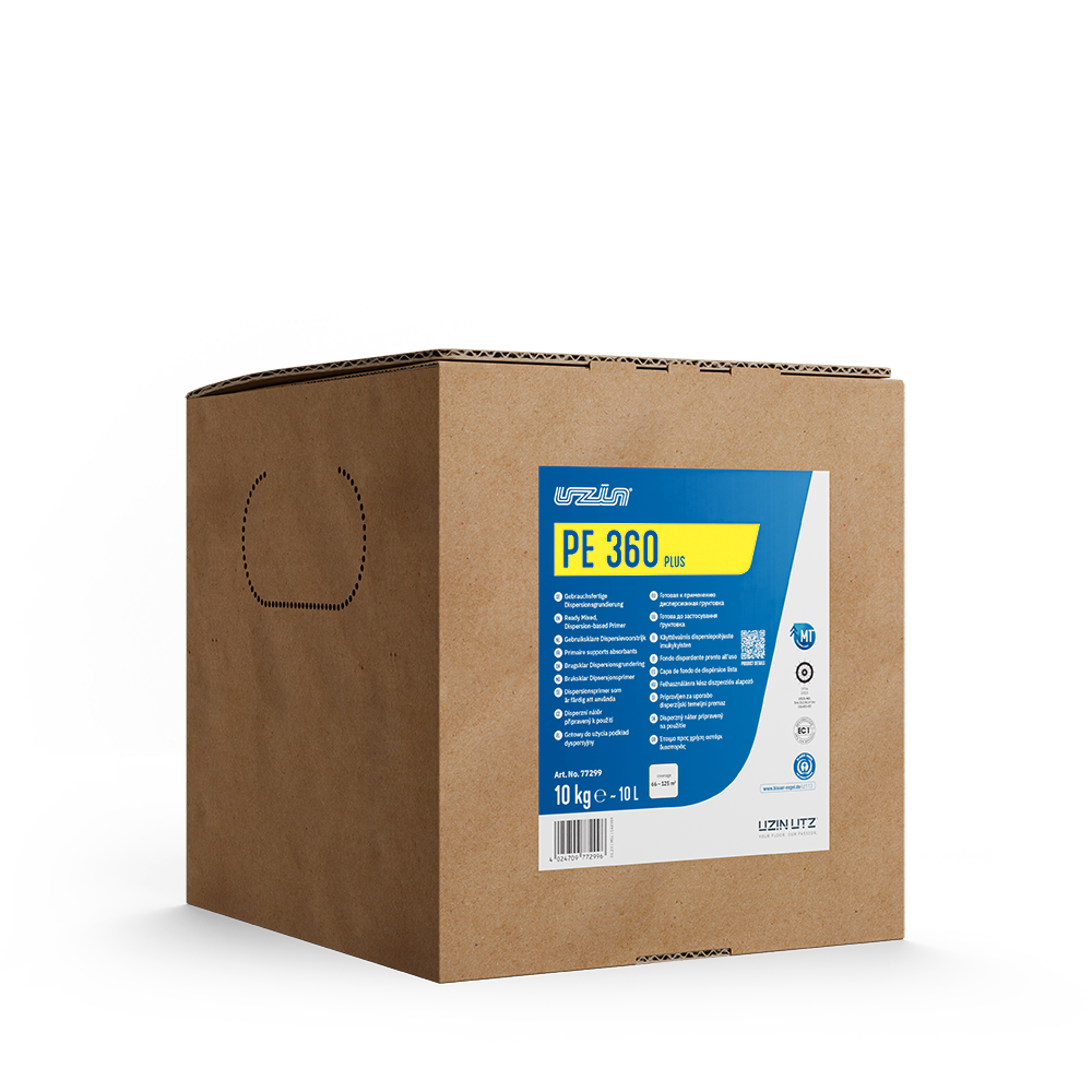 Ein schlichter brauner Karton mit einem blau-gelben Produktetikett mit der Aufschrift „PE 350 Plus“, auf dem Angaben zur Verwendung und ein Gewicht von 10 kg angegeben sind. Der Karton verfügt an der Seite über einen perforierten Tragegriff.