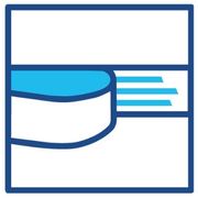 Ein stilisiertes blau-weißes Symbol einer Klebebandrolle, die aufgeklebt wird.