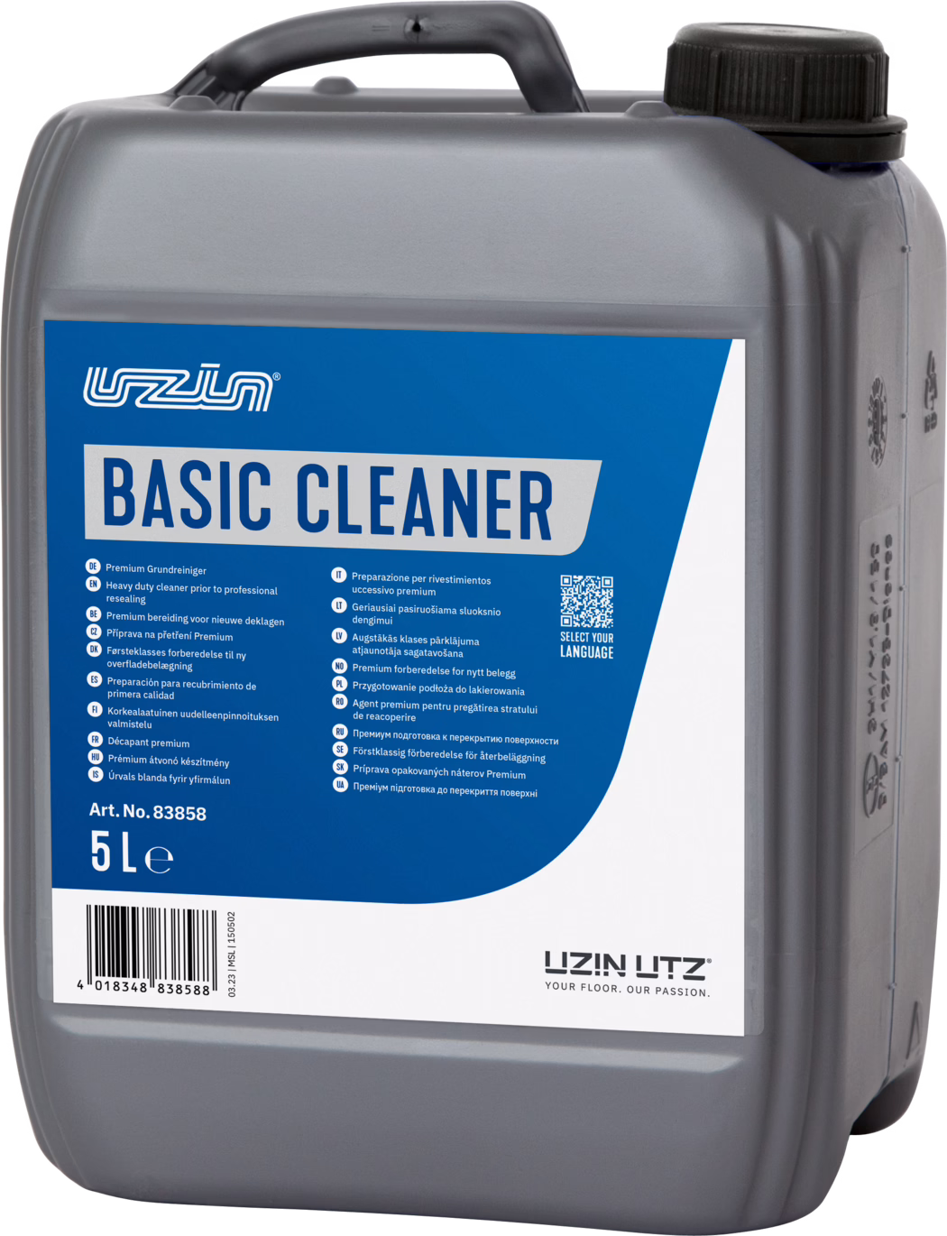 UZIN_Dummy_Basic Cleaner-5l_2023-12 Vorderansicht eines grauen 5‑Liter‑Kunststoffkanisters mit blau‑weißem Etikett und großem Schriftzug "BASIC CLEANER". Oben befindet sich ein integrierter Griff und ein schwarzer Schraubverschluss. Das Etikett enthält mehrsprachige Produktangaben, einen QR‑Code, die Artikelnummer (Art. No. 83858) sowie einen Barcode; unten ist das Markenlogo "UZIN UTZ" zu sehen. Die Plastikoberfläche zeigt geformte Details und Messmarkierungen. Das Bild ist klar beleuchtet und zeigt Vorder- und rechte Seitenansicht auf hellem Hintergrund.