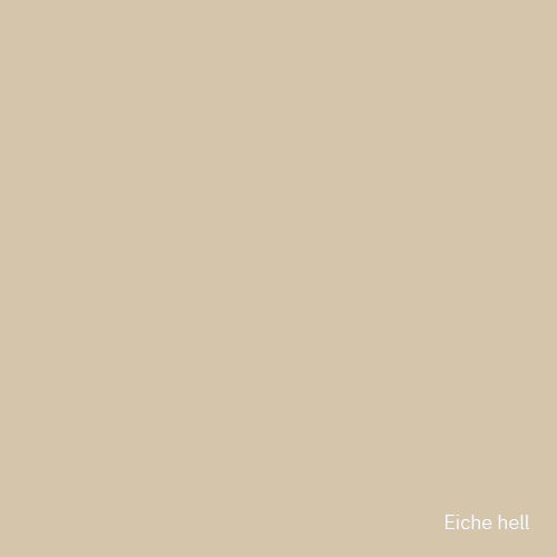 Eine quadratische Probe einer gleichmäßigen hellen Eichenbeige-Farbe mit glatter, matter Oberfläche. In der unteren rechten Ecke befindet sich ein kleines weißes Etikett mit der Aufschrift 'Eiche hell'. Das Bild ist minimalistisch und eignet sich als Holzdekor oder Farbfeld.