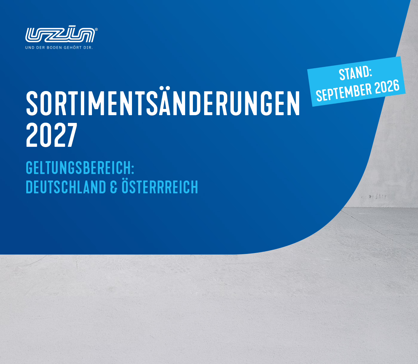 Blau-graue Grafik mit deutschem Text, in dem Änderungen im Produktsortiment für das Jahr 2027 angekündigt werden, die in Deutschland und Österreich gelten. Auf einem hellblauen Etikett steht „Stand: September 2026“. Das Logo befindet sich oben links.